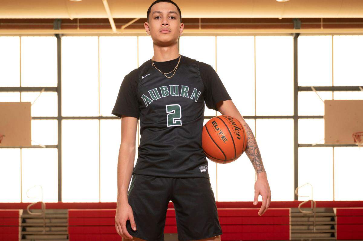 News-Tribune All-Area player of the year Tre Blassingame, of Auburn poses for a portrait at Silas High School in Tacoma, Wash., on Wednesday, March 16, 2022.