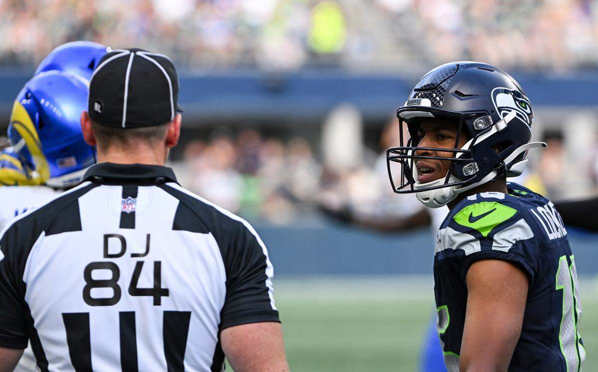 Seattle Seahawks wide receiver Tyler Lockett (16) reacts to a pass interference during the third quarter of the NFL game at Lumen Field, Sunday, Sept. 10, 2023, Seattle, Wash.