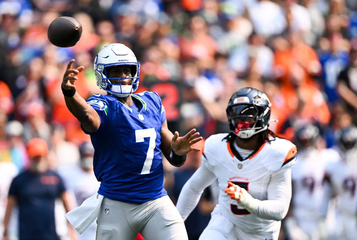 Seattle Seahawks quarterback Geno Smith (7) passes the ball during the first quarter of the game against the Denver Broncos at Lumen Field, on Sunday, Sept. 8, 2024, in Seattle, Wash.of the game at Lumen Field, on Sunday, Sept. 8, 2024, in Seattle, Wash.