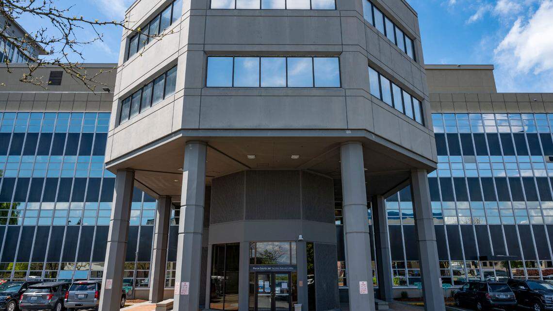 The Tacoma Avenue entrance to the Pierce County Jail is seen on Wednesday, May 11, 2022, in Tacoma.