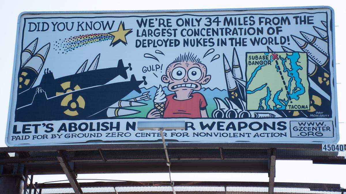 A billboard paid for by Ground Zero Center for Nonviolent Action, a Washington-based organization, sits on the corner of 6th Avenue and Stevens Street on Monday, Aug. 5, 2024 in Tacoma.