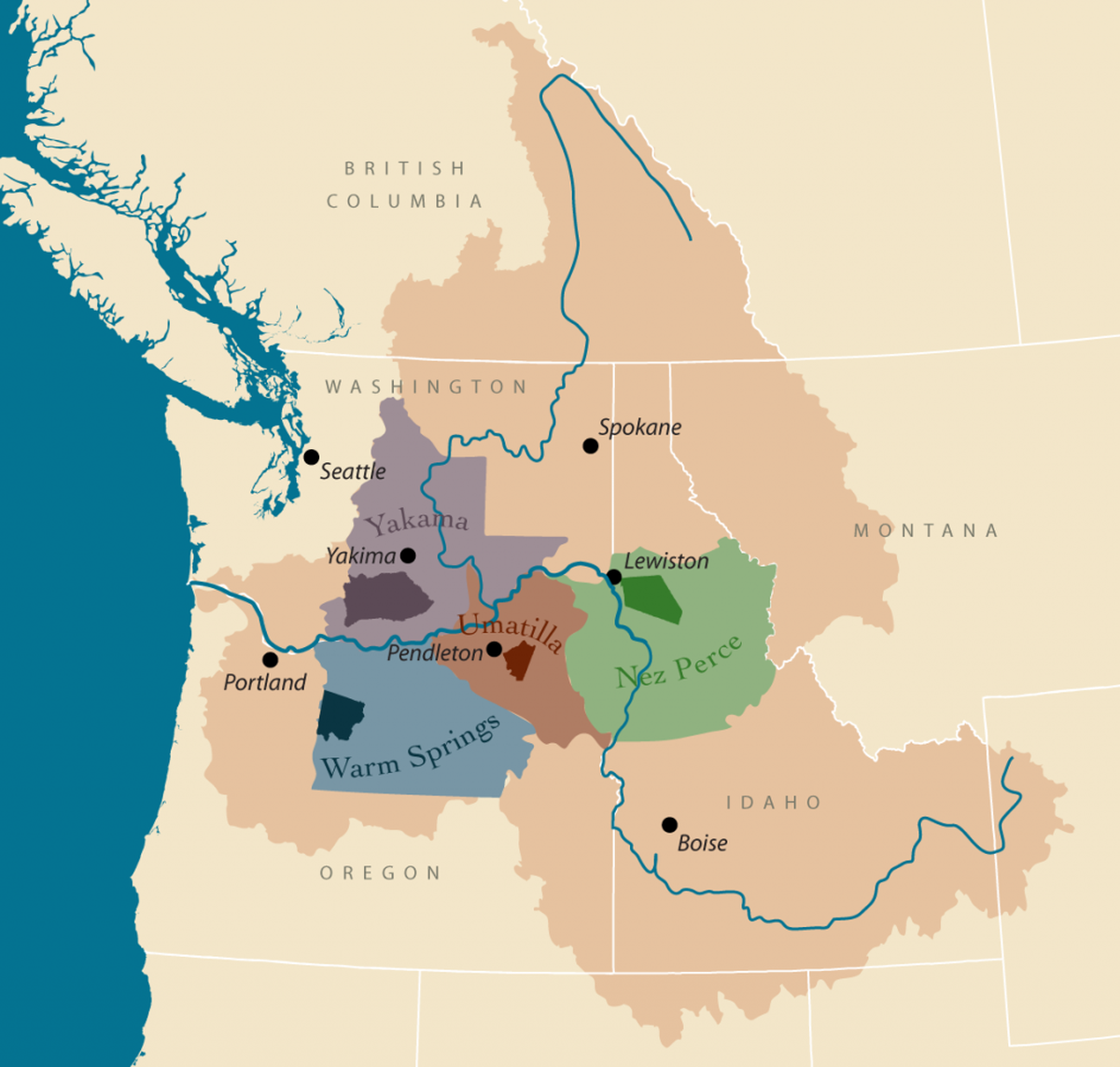 The reservations and ceded lands of the four CRITFC member tribes. The combined area of these four tribes’ ceded lands covers 25% of the Columbia Basin. Source: CRITFC