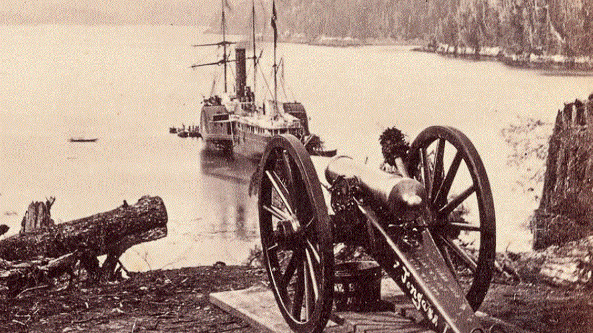 The SS Pacific at anchor near Fort Tongass, Alaska in 1868. Photographer Eadweard Muybridge was commissioned by the U.S. government to travel on the ship and document the newly acquired territory and its people. The ship sank off the Washington coast in 1875.