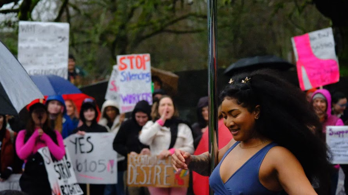 A photo of Zethera performing at a demonstration in support of Washington’s “Strippers’ Bill of Rights” at Capitol in Olympia on Feb. 19, 2024.