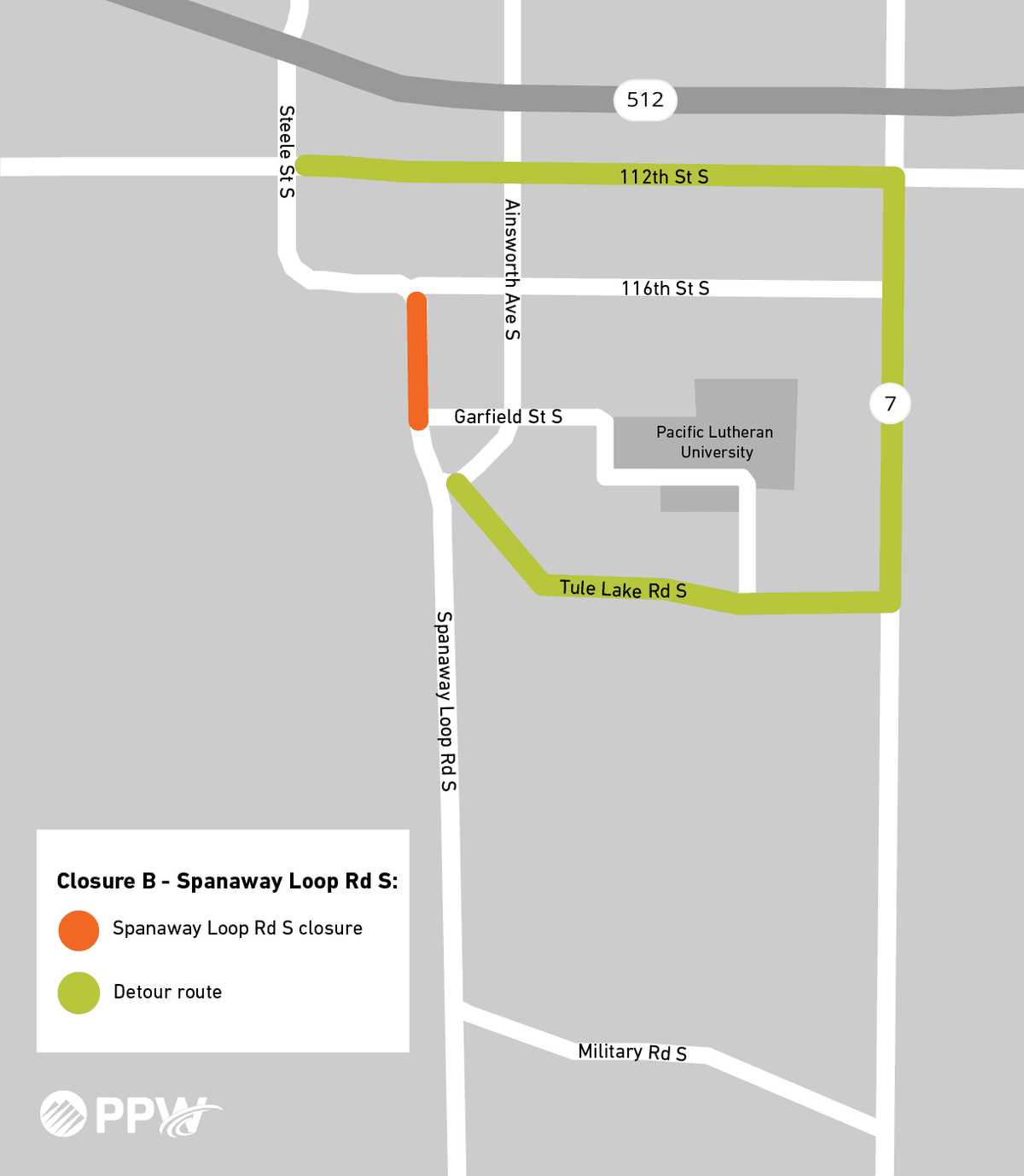 Delays in road work means a section of road between Garfield Street South and 116th Street South near Pacific Lutheran University will remain closed for the foreseeable future, according to Pierce County.