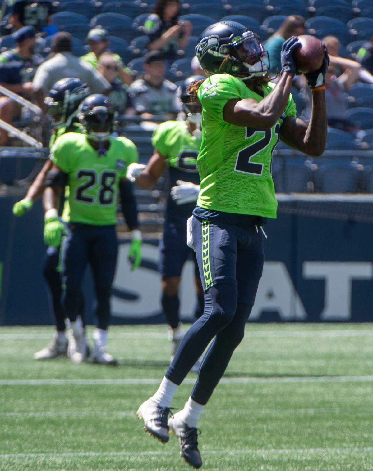 Seahawks cornerback Tre Flowers prior to the annual training camp mock game at Lumen Field in Seattle on August, 5, 2021.