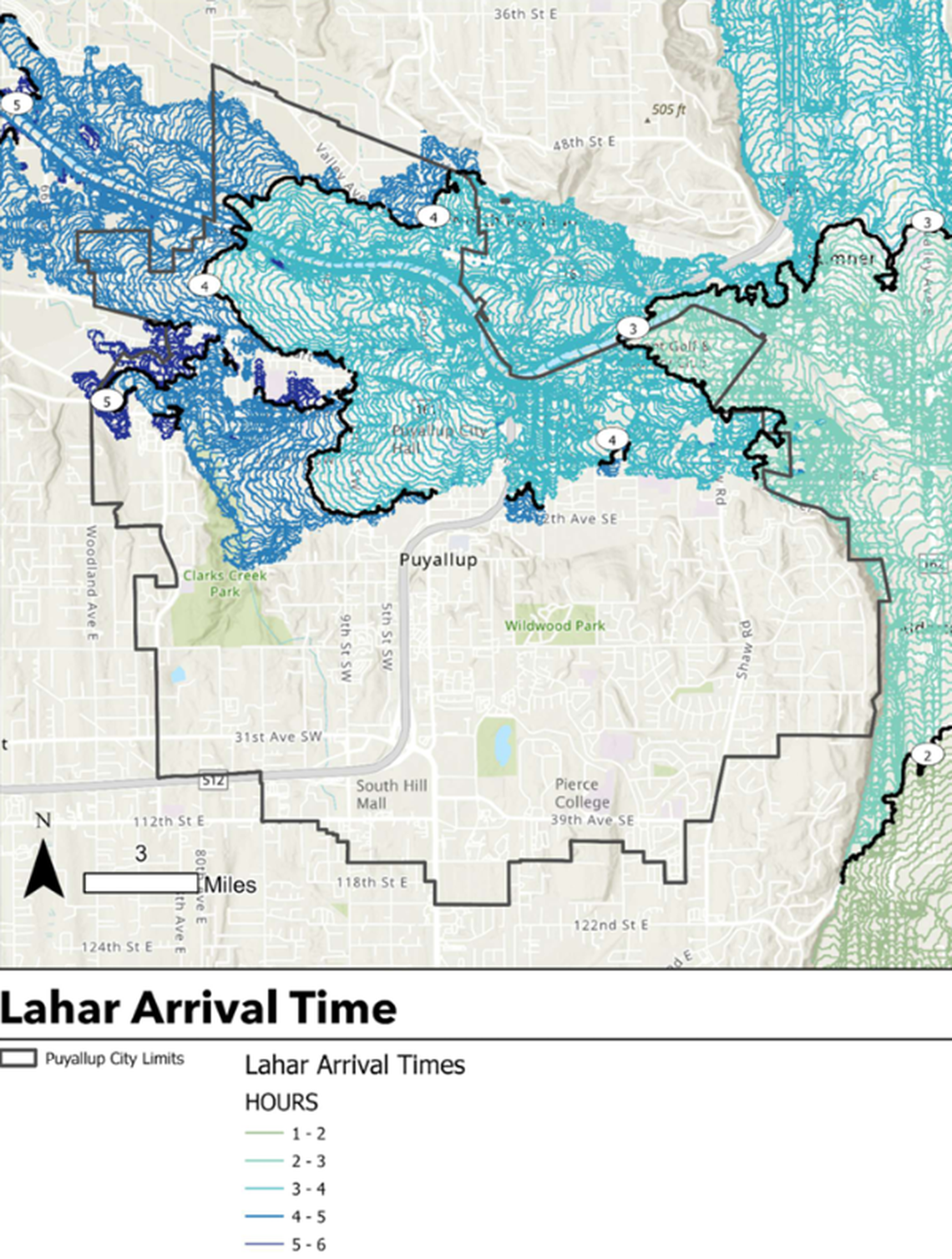 A diagram from the report details lahar arrival times in Puyallup. Some parts of the city are estimated to see a lahar as soon as three hours after it forms, while some won’t see impacts until the five-hour mark.
