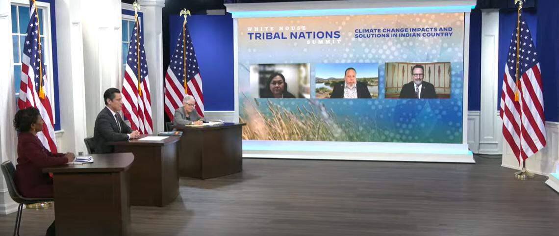Suquamish Tribal Chairman Leonard Forsman, right, discusses the salmon crisis, fish barrier removal, treaty rights and more Washington state issues in a panel on climate change at the Tribal Nations Summit Tuesday, Nov. 16, 2021. The two-day virtual event — beginning Monday, Nov. 15 — was the first Tribal Nations Summit since 2016. Leaders from the 574 federally recognized Tribes discussed Tribal education, healthcare, climate change and other pressing issues in a series of panels with White House officials.