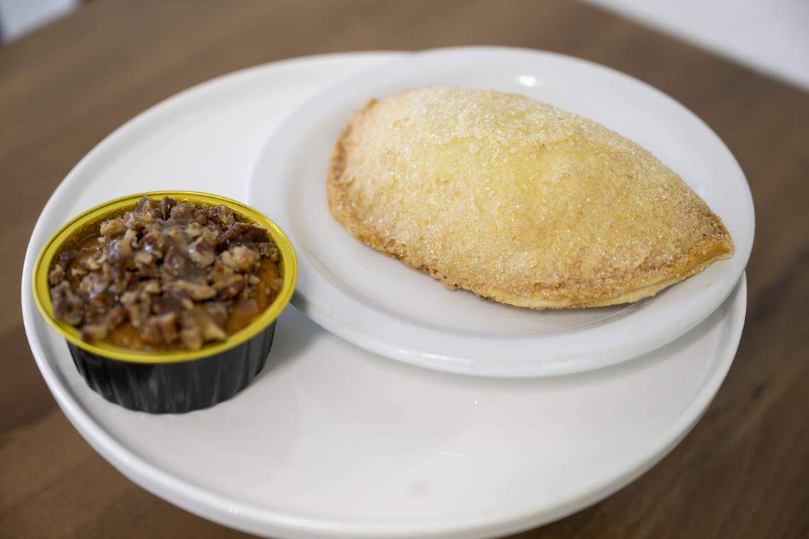 A sweet potato cheesecake, left, and sweet potato turnover are pictured at Eudora's Bakery & Cafe on Friday, Feb. 20, 2026, in Tacoma, Wash.