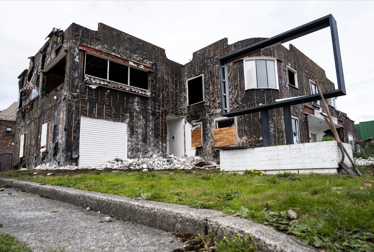 A view of the former Piper Funeral Home being demolished on South Puget Avenue in Tacoma, Wash. on Monday, March 28, 2022.