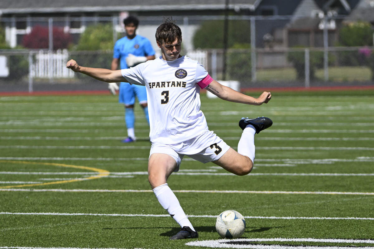 Sumner’s Lucas Morgan (3) prepares a kick during a game against Eastmont on Saturday, May 30, 2026, during the 2026 4A Boys Soccer Championships final in Puyallup, Wash.
