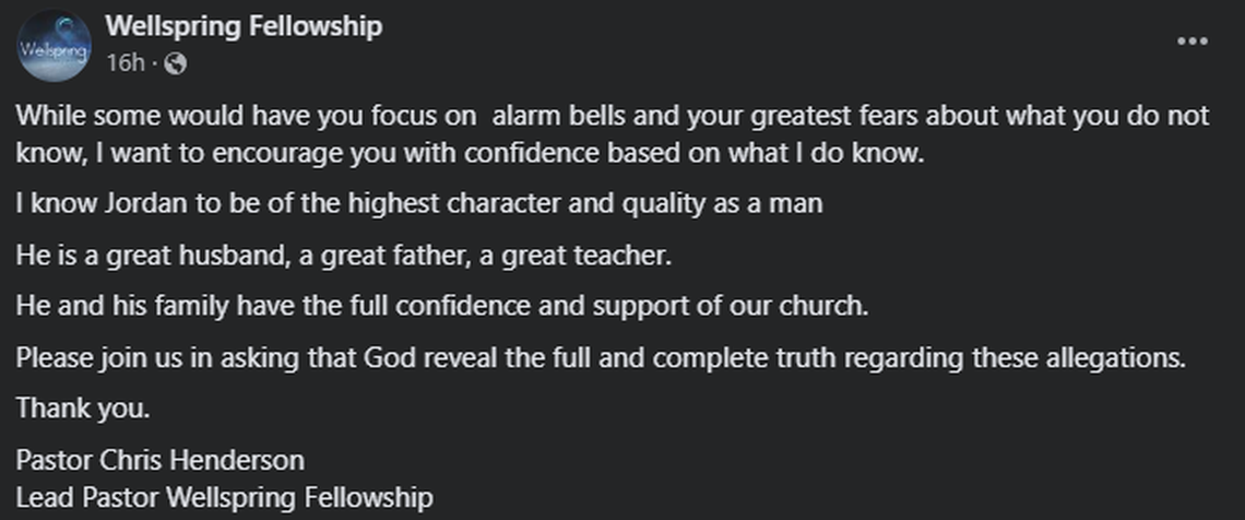 Wellspring Fellowship made a statement regarding the child molestation allegations against Jordan Henderson, a deacon at the church.