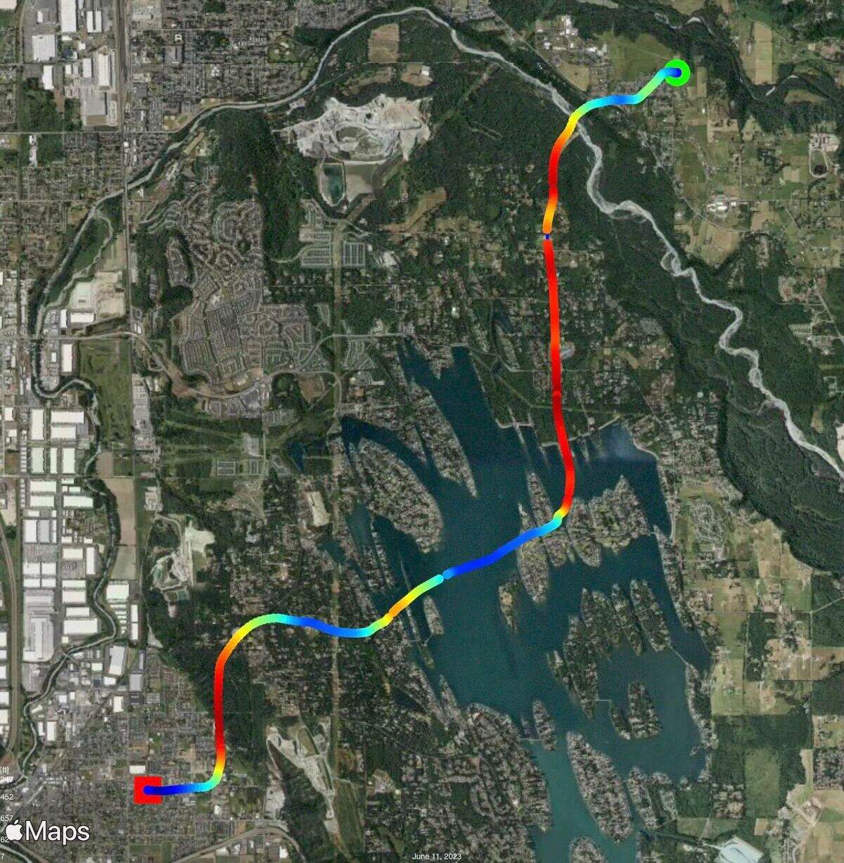 The flight path of one of the hot air balloons Seattle Ballooning dispatched Sunday, June 11.