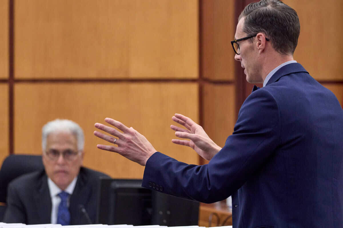 Attorney Mark Conrad questions Dr. Daniel Wohlgelernter, a cardiologist from Santa Monica, Calif., during the trial of Tacoma Police officers accused in the death of Manny Ellis held at Pierce County Superior Court, Thursday, Oct. 26, 2023, in Tacoma, Wash. Officers Christopher Burbank, Matthew Collins and Timothy Rankine are charged. (John Froschauer / Pool Photo - AP)