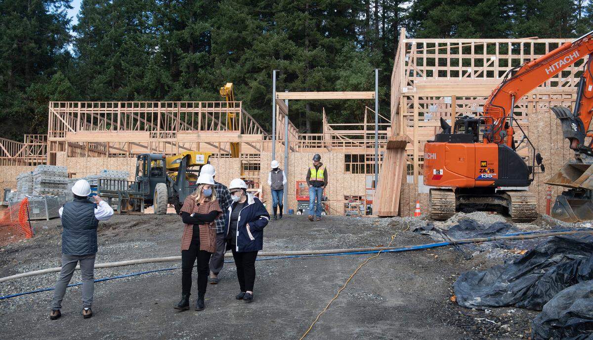 Construction of the new Gig Harbor Peninsula FISH food bank - shown on Tuesday, Nov. 16, 2021 - is well under way just to the south of the current facility in Gig Harbor, Washington.