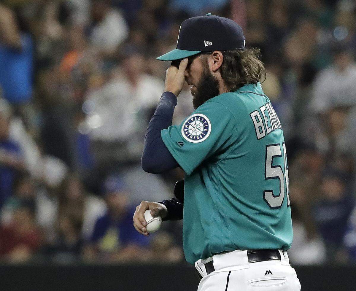 Seattle Mariners relief pitcher Christian Bergman reacts after he gave up a two-run home run to Los Angeles Dodgers’ Matt Kemp during the seventh inning of a baseball game Friday, Aug. 17, 2018, in Seattle. (AP Photo/Ted S. Warren)