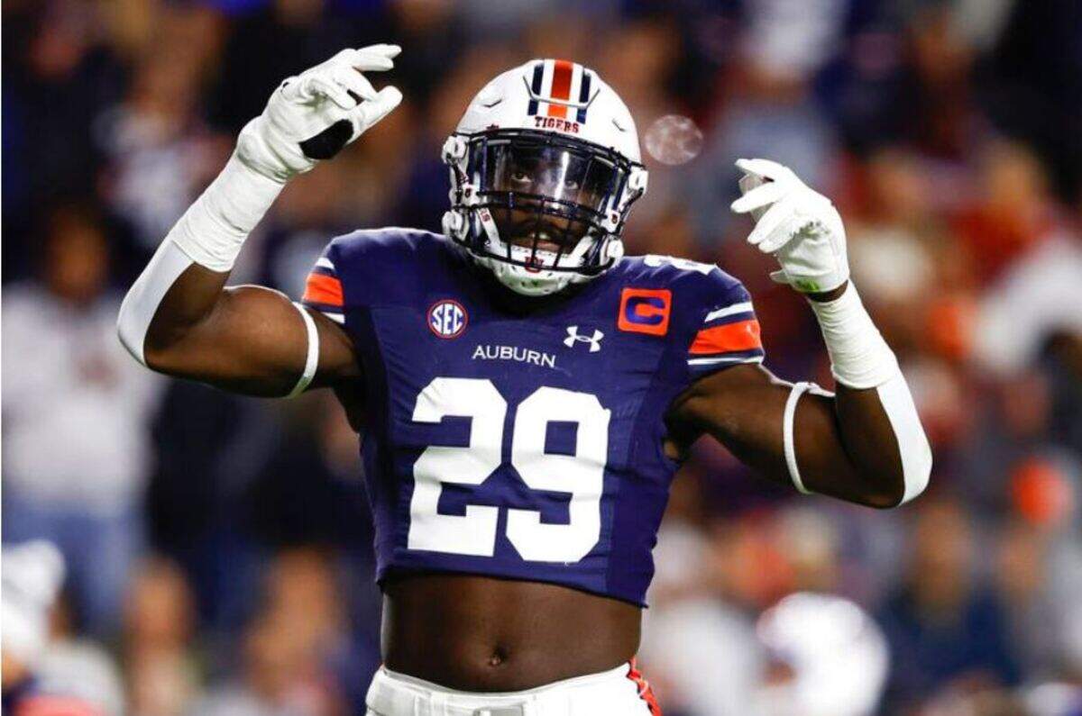 Auburn linebacker Derick Hall reacts after a stop against Texas A&M during the first half of an NCAA football game Saturday, Nov. 12, 2022, in Auburn, Alabama. The Seahawks selected Hall with the 37th-overall pick in the second round of the NFL draft April 28, 2023.