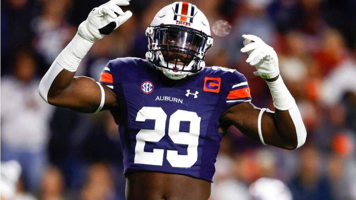Auburn linebacker Derick Hall reacts after a stop against Texas A&M during the first half of an NCAA football game Saturday, Nov. 12, 2022, in Auburn, Alabama. The Seahawks selected Hall with the 37th-overall pick in the second round of the NFL draft April 28, 2023.