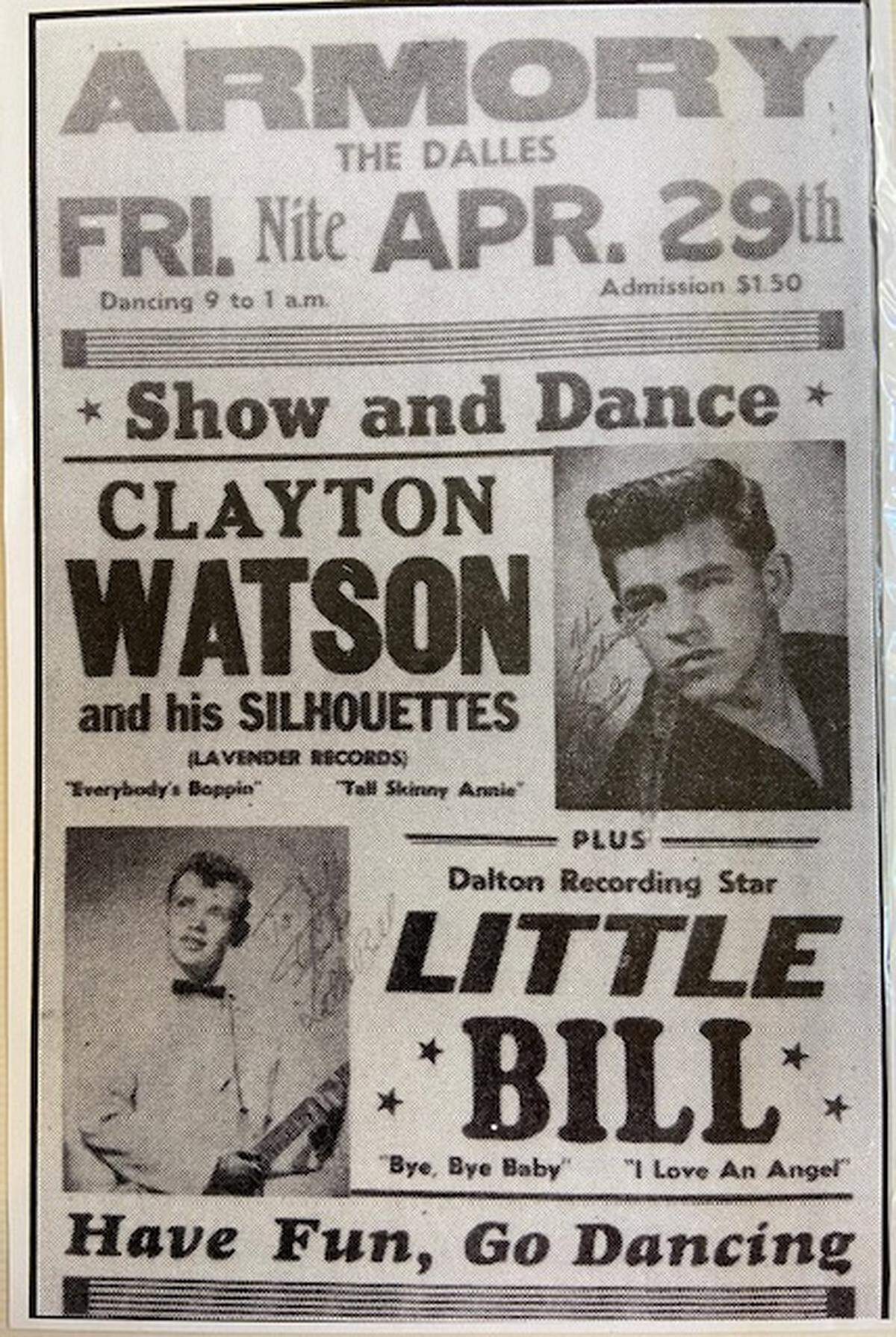 A flyer for a dance in Oregon, advertising performances by Clayton Watson and his Silhouettes and “Little Bill” Engelhart.