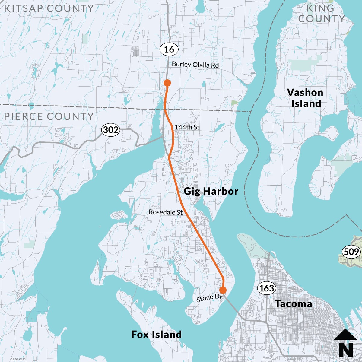A map shows road work that will take place in Gig Harbor on State Route 16 between Stone Drive and Burley Olalla Road beginning July 14, 2025.