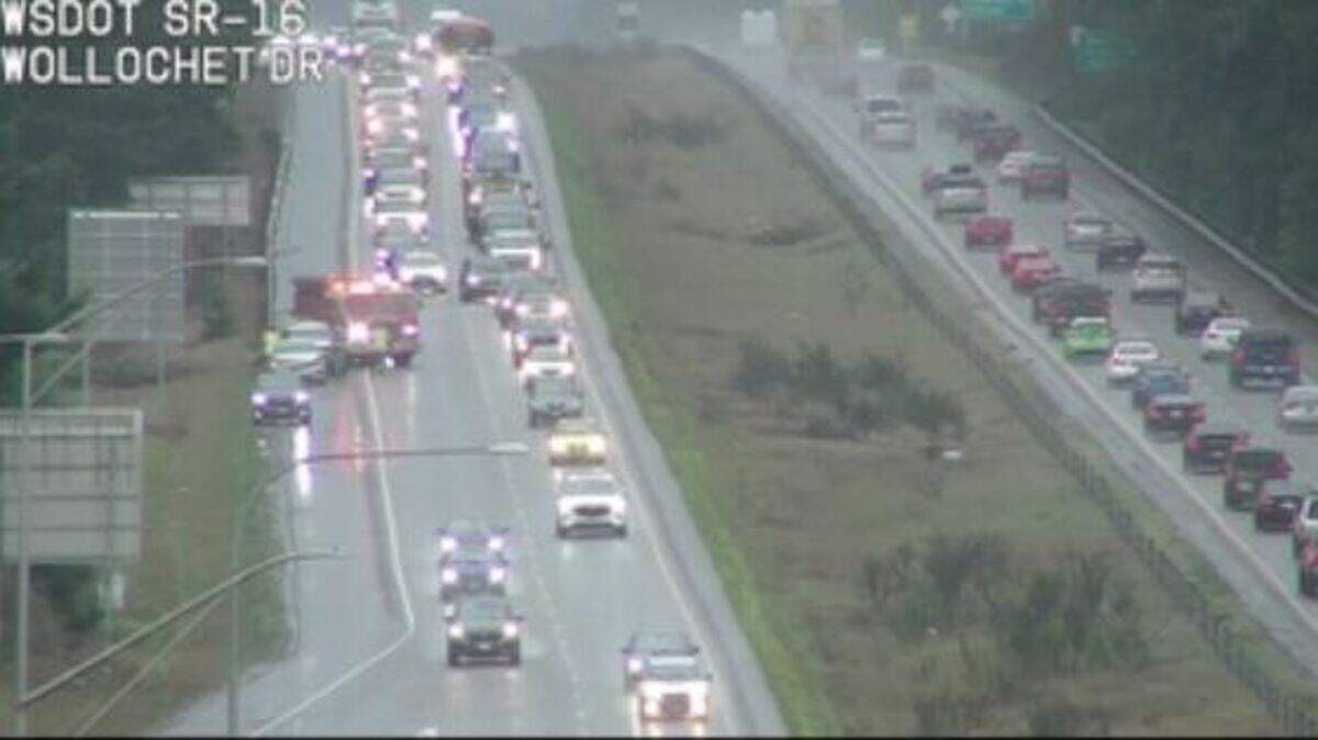 A traffic camera shows traffic moving past a wreck in the westbound lanes of state Route 16 Monday afternoon near Wollechet Drive in Gig Harbor.