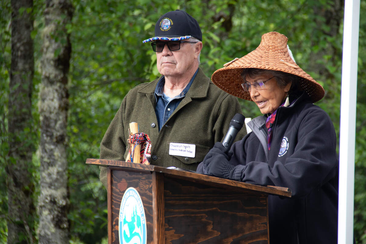 William Lyell and Tanna Engdahl speak at a ceremony on June 10, celebrating the release of 30 Chinook salmon into the upper Mount St. Helens watershed.