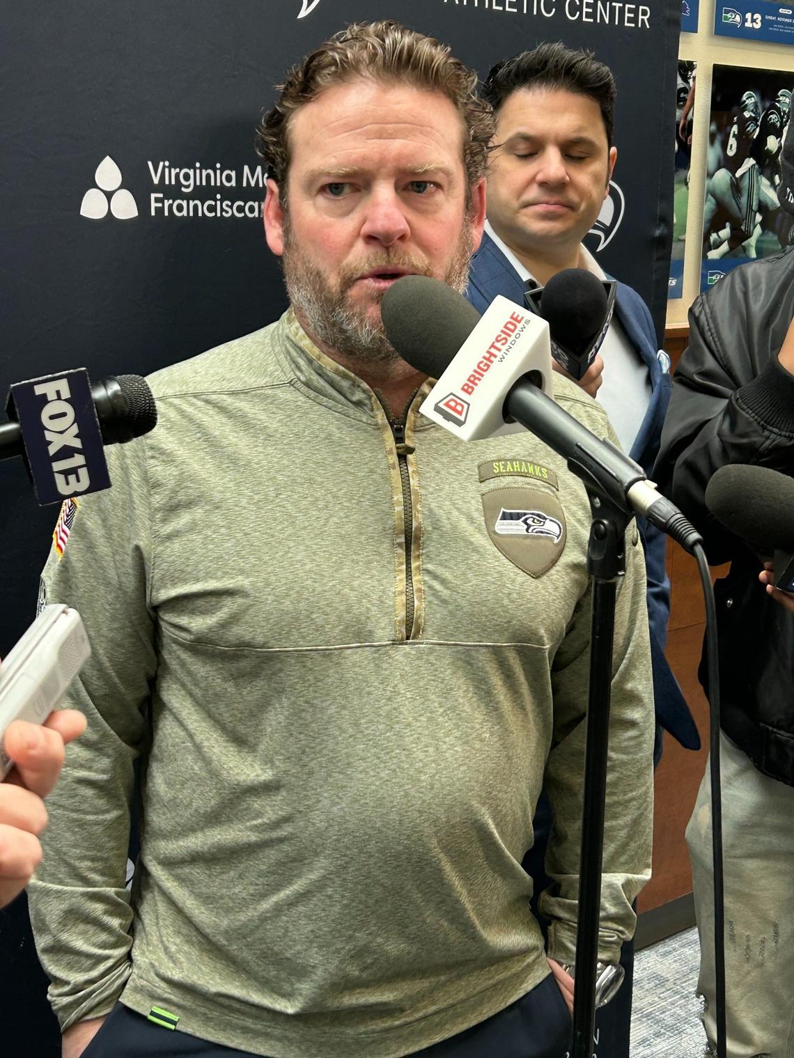 Seahawks general manager John Schneider in a hallway of the team’s Virginia Mason Athletic Center March 13, 2025, discussing trading quarterback Geno Smith and wide receiver DK Metcalf in a span of three days the previous week.