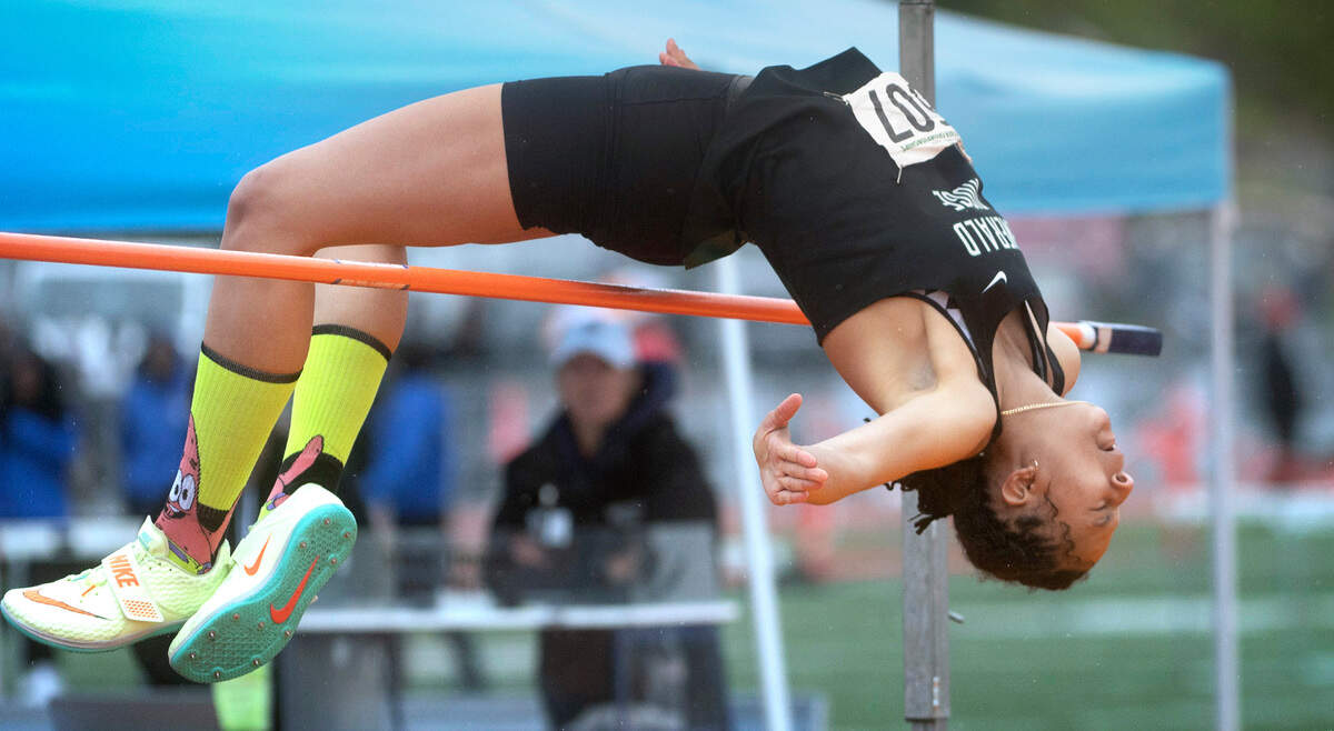 Emerald Ridge freshman JaiCieonna Gero-Holt wins her third individual state championship of the weekend with a victory in the 4A girls high jump competition on the final day of the WIAA State Track and Field Championships at Mount Tahoma High School in Tacoma, Washington on Saturday, May 28, 2022.