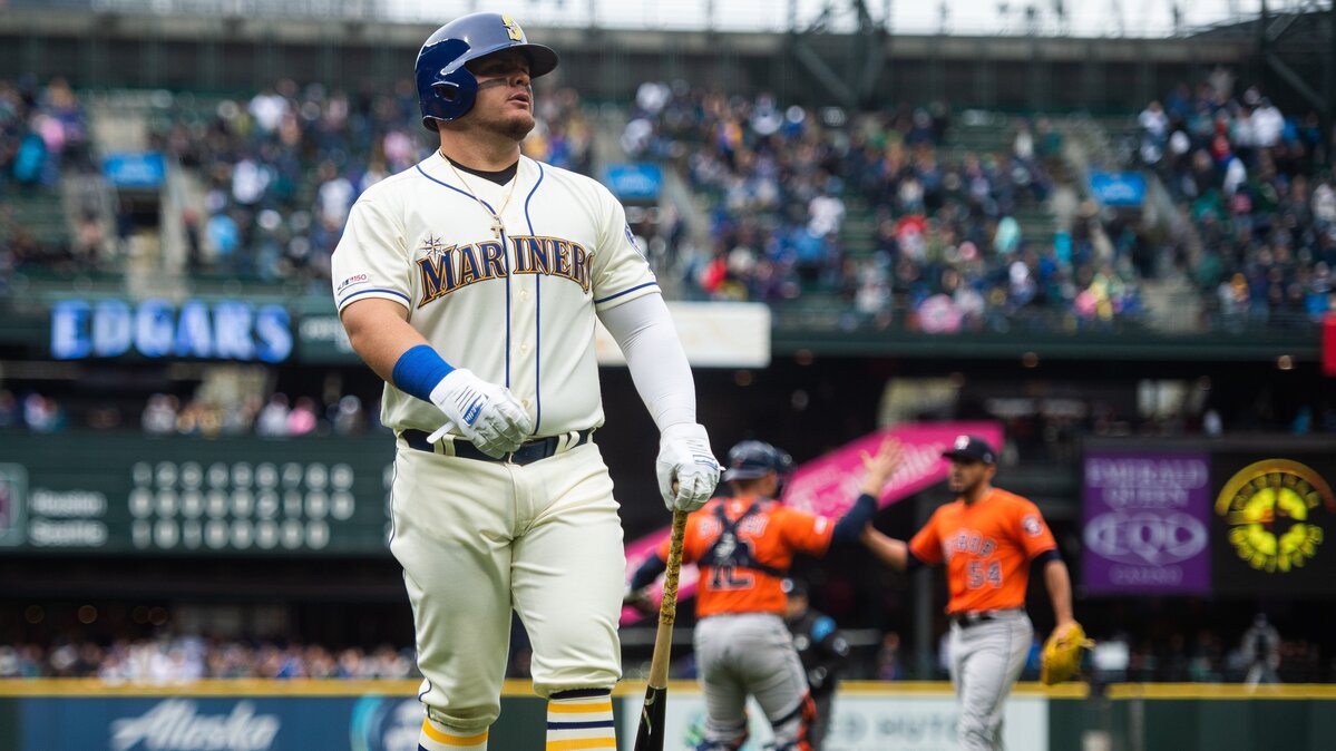 Seattl’e Daniel Vogelbach walks back to the dugout after striking out for the final out of the game. The Houston Astros beat the Mariners 3-2, completing a sweep. The Seattle Mariners played the Houston Astros in a Major League Baseball game at T-Mobile Park in Seattle, Wash., on Sunday, April 14, 2019.