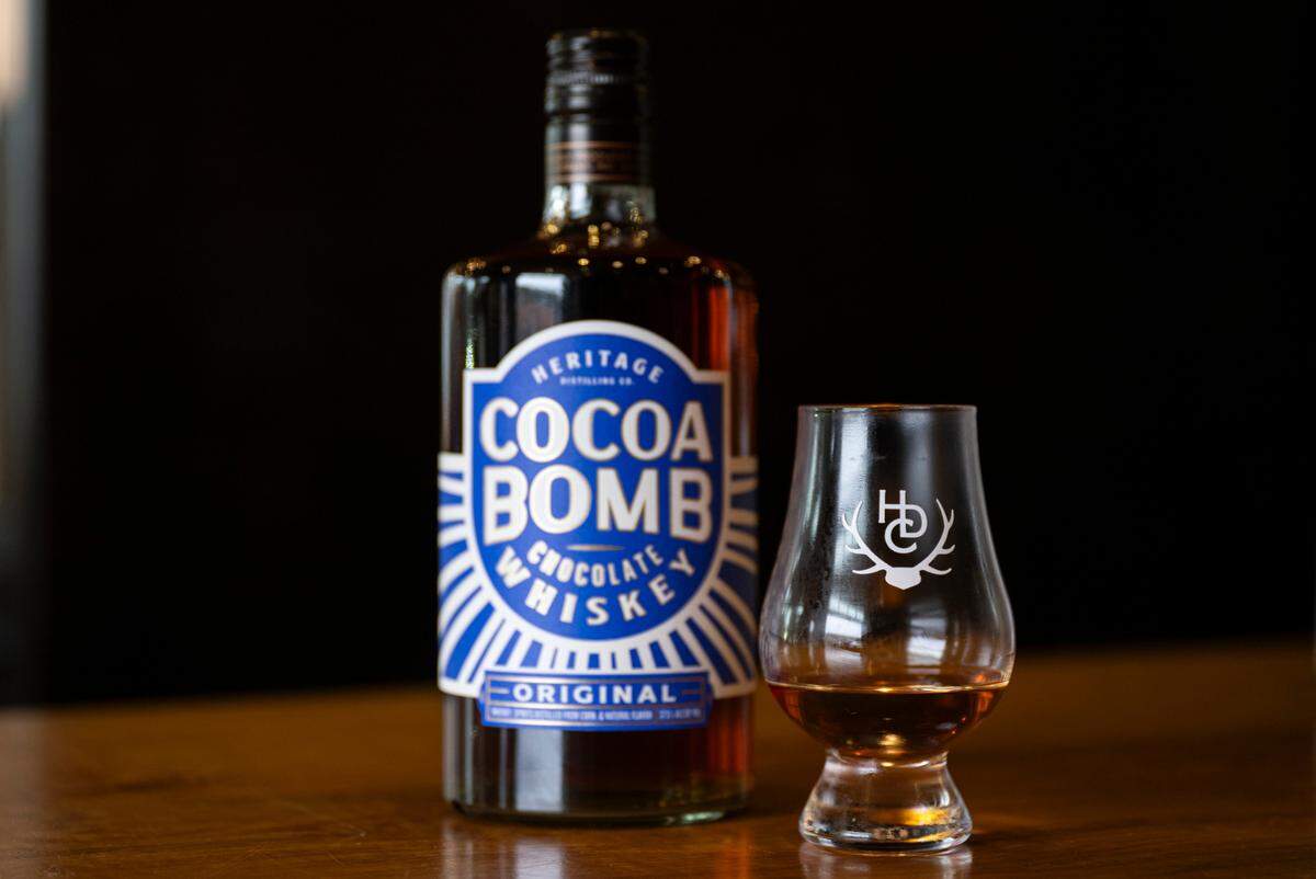 The Cocoa Bomb Chocolate Whiskey, which won “Best American Flavoured Whisky” in the World Whiskies Awards 2025 competition, at Heritage Distilling Company, on Thursday, March 27, 2025, in Gig Harbor, Wash.