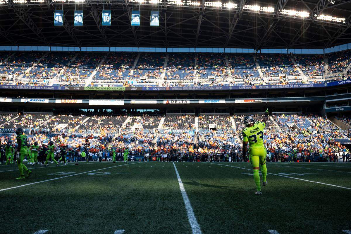 Seattle Seahawks safety Jamal Adams (33) points to the crowd prior to the start of an NFL game against the Denver Broncos on Monday, Sept. 12, 2022, at Lumen Field in Seattle.