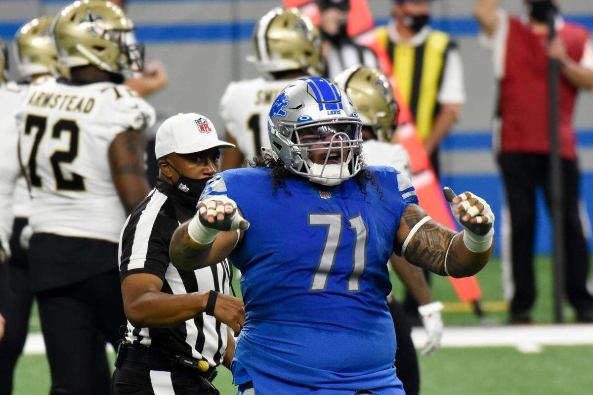 Detroit Lions nose tackle Danny Shelton reacts after a play during the first half of an NFL football game against the New Orleans Saints, Sunday, Oct. 4, 2020, in Detroit. (AP Photo/Jose Juarez)