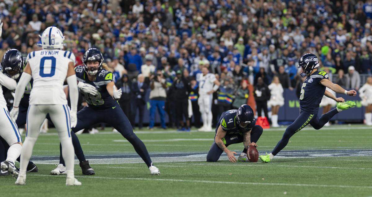 Seattle Seahawks place kicker Jason Myers (5) kicks the field goal to take the lead against the Indianapolis Colts during the fourth quarter of the game at Lumen Field, on Sunday, Dec. 14, 2025, in Seattle.