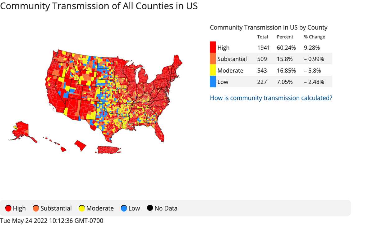 The CDC’s map of community transmission levels of COVID-19 as of May 24.