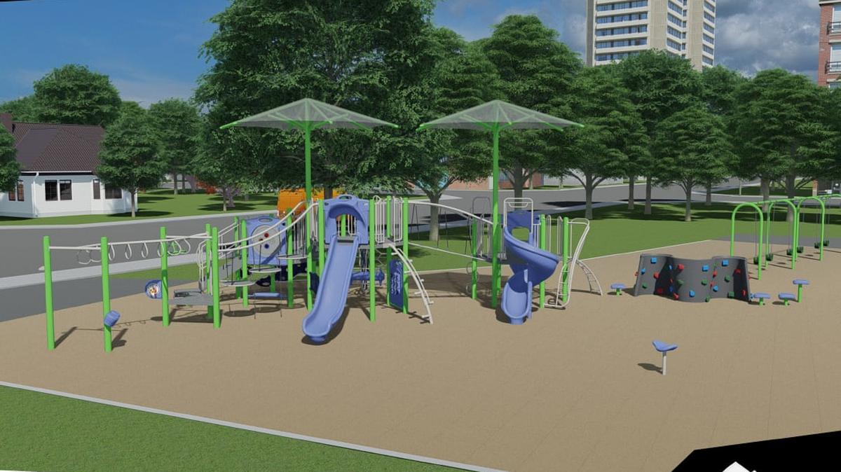 Stanley Elementary will get a new playground as shown in this rendering. The playfield was initially planned to be renovated into ballfields, but after neighbors pushed back, the plans were eliminated.