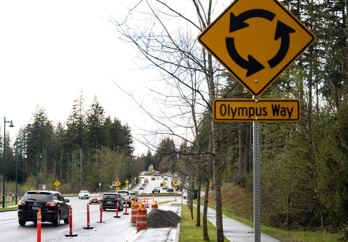 The westbound lane is closed on Borgen Boulevard near Olympus Way for emergency work to repair a pavement failure on Friday, April 8, 2022 in Gig Harbor, Wash.