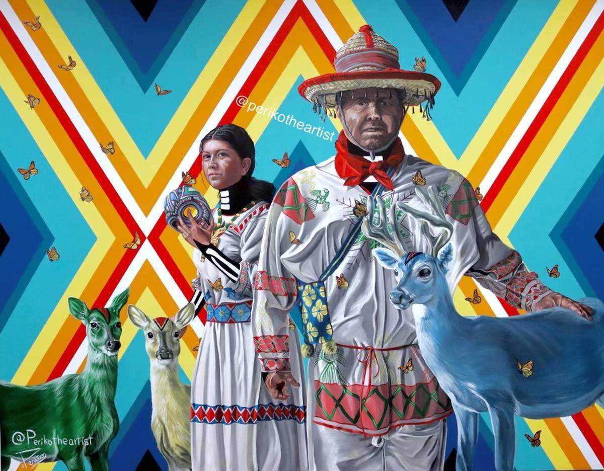 “Huichol Family,” a mural, by Gerardo Peña or Periko The Artist. Created for a Mexican restaurant in early 2022.