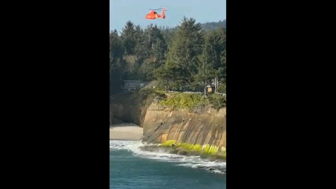 Two teens were rescued from a rocky shoreline in Depoe Bay, Oregon, on April 23, 2022, the Depoe Bay Fire District said. The siblings were not injured.