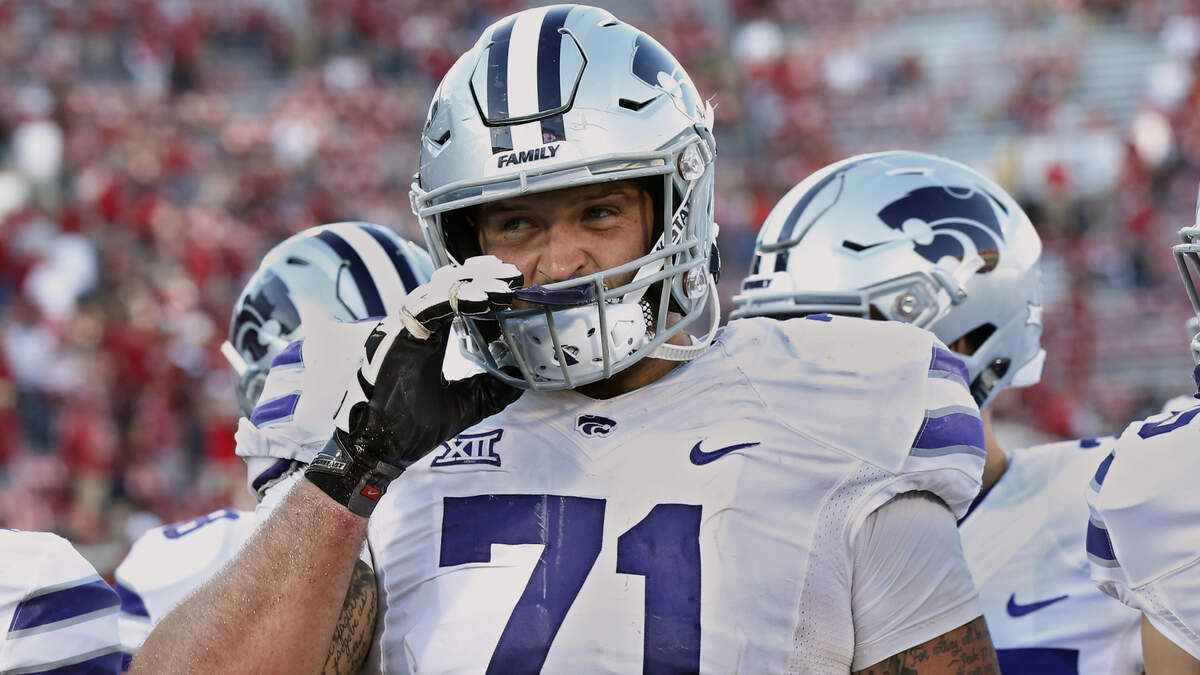 Kansas State offensive lineman Dalton Risner (71) after an NCAA college football game against Oklahoma in Norman, Okla., Saturday, Oct. 27, 2018. (AP Photo/Sue Ogrocki)