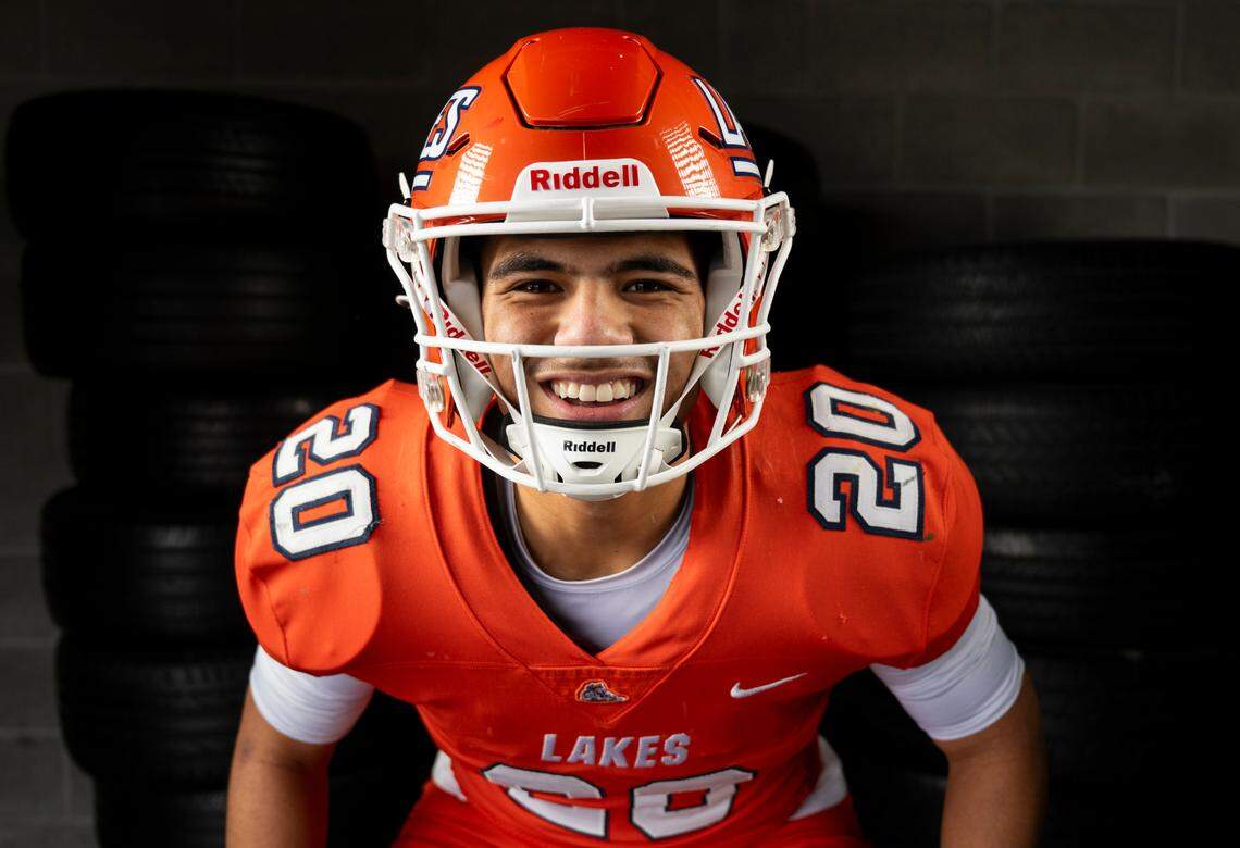 The News Tribune 2024 All-Area first-team linebacker selection Michael Pulalasi, Lakes, poses for a portrait at Mount Tahoma High School, on Sunday, Dec. 8, 2024, in Tacoma.