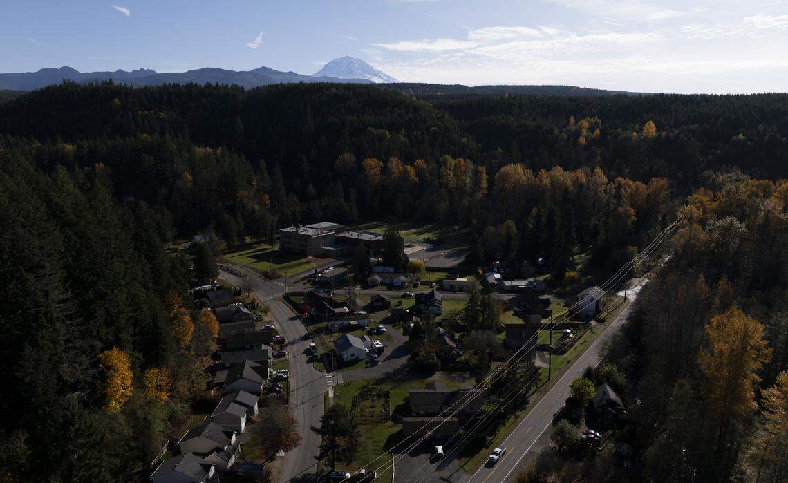 Wilkeson, a small town in Pierce County, whose main economic driver was tourists visiting Mount Rainier National Park, until the Fairfax Bridge closure, on Tuesday, Nov. 11, 2025, in Wilkeson, Wash.
