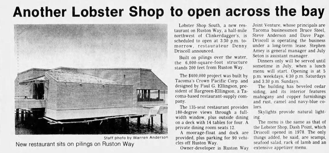 A 1981 story in The News Tribune announcing the opening of the Lobster Shop on Ruston Way in Tacoma, Wash.