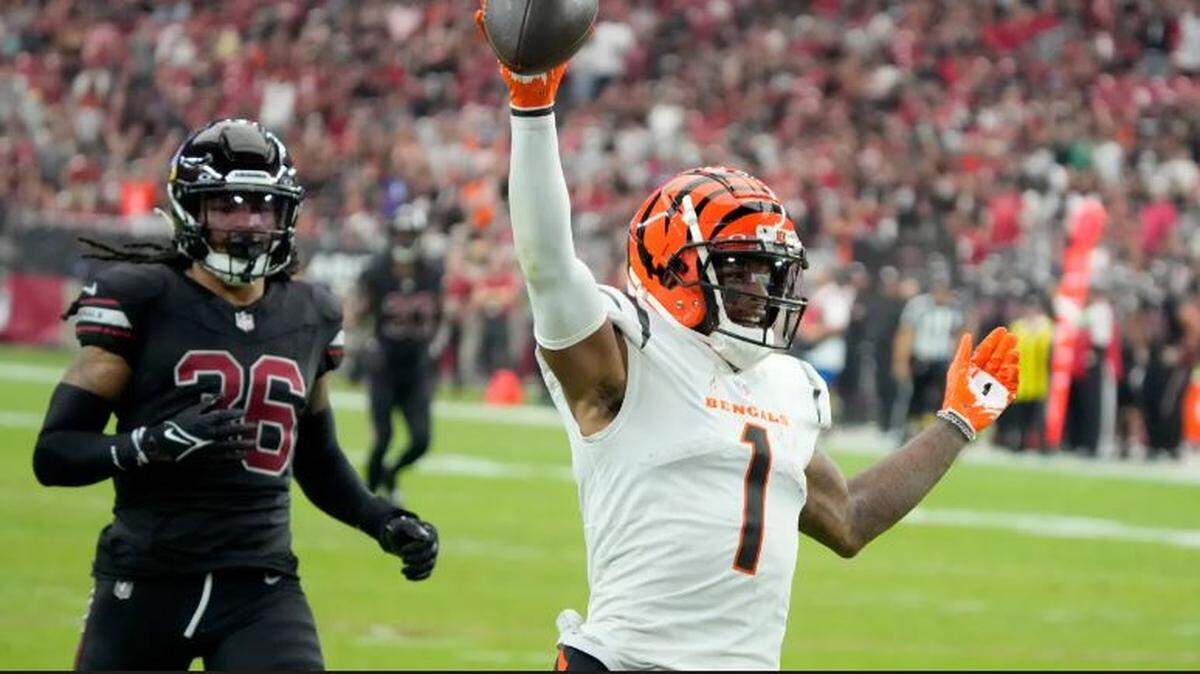 Cincinnati wide receiver Ja’Marr Chase scores one of his three touchdowns against the Arizona Cardinals in the Bengals’ 34-20 victory Oct. 8, 2023, in Glendale, Arizona.
