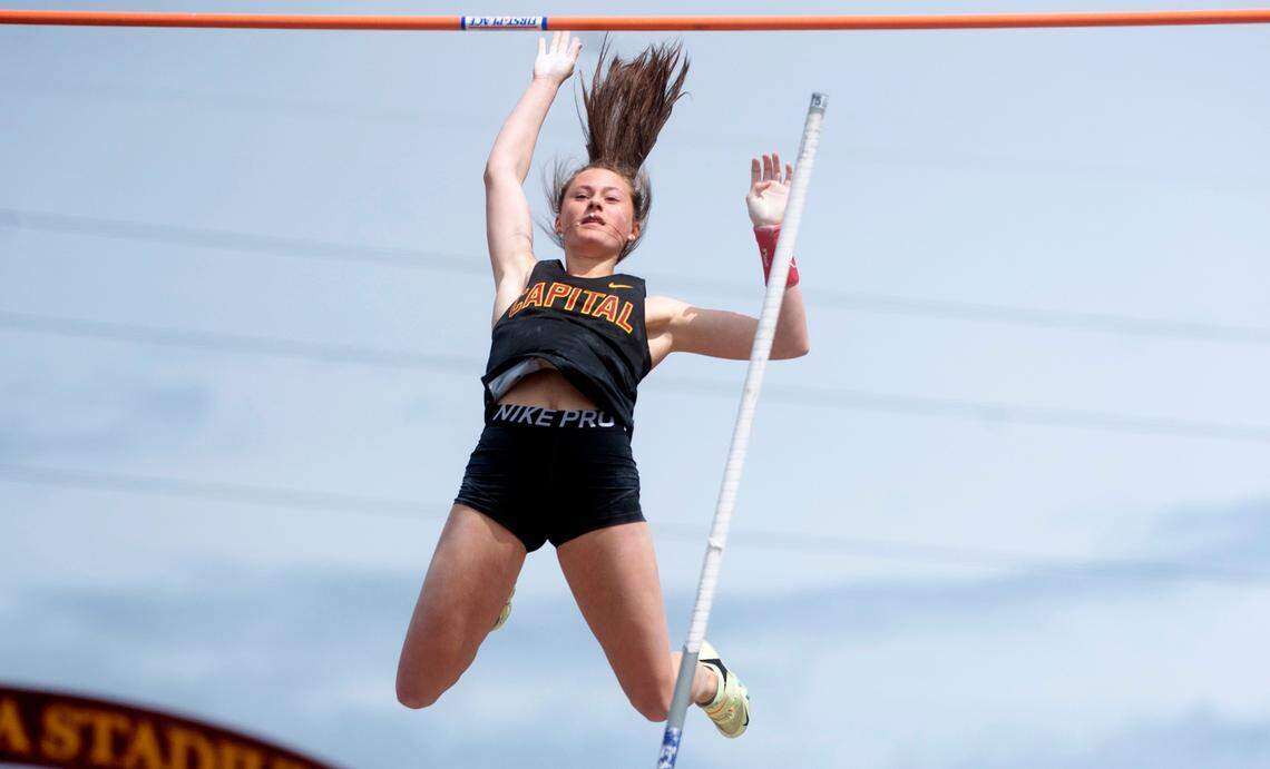 Capital junior Amanda Moll clears the bar at 14’ 6” to win the 3A girls pole vault competition during the second day of the WIAA State Track and Field Championships at Mount Tahoma High School in Tacoma, Washington on Friday, May 27, 2022.