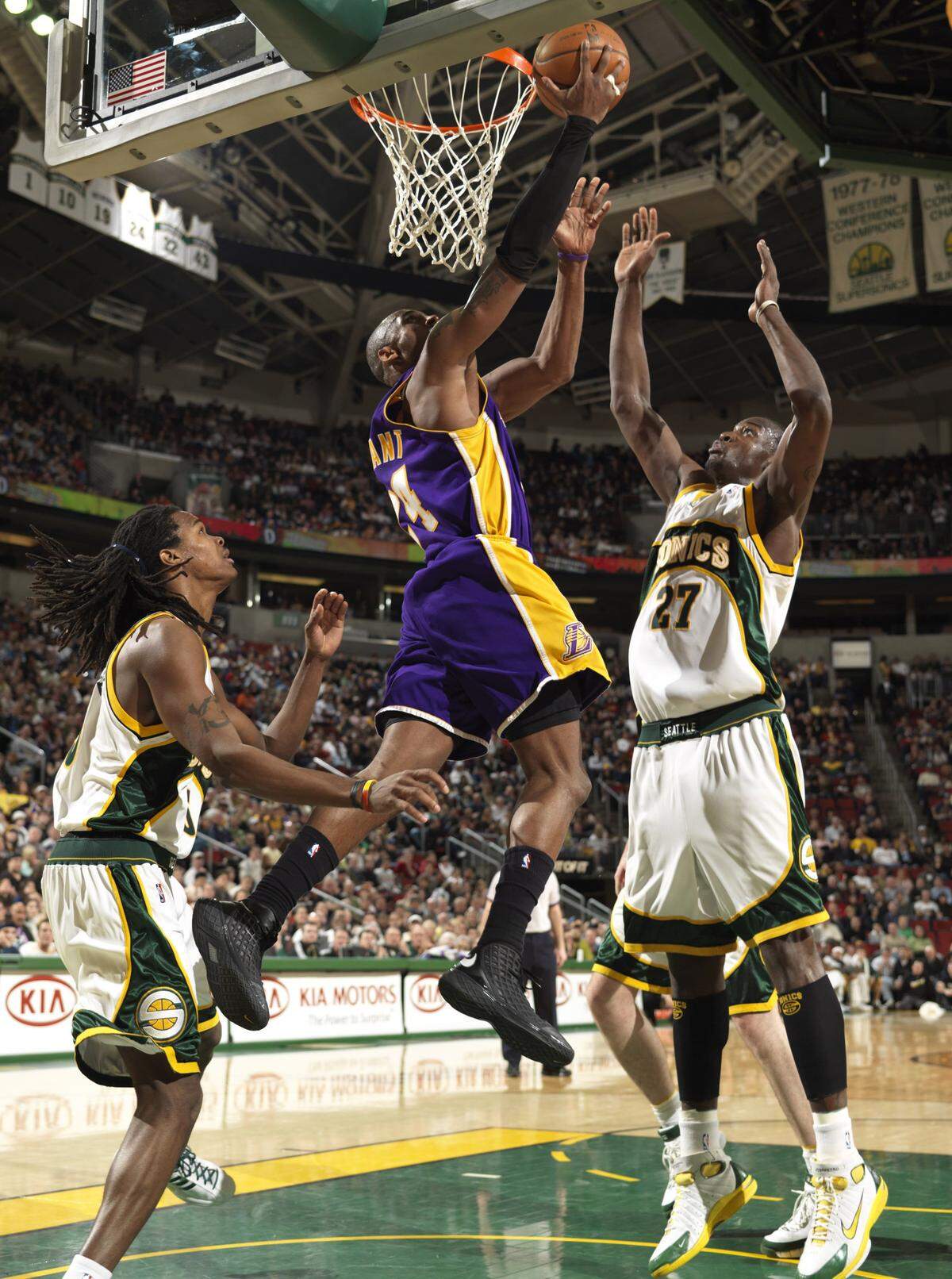 SEATTLE - FEBRUARY 24: Kobe Bryant #24 of the Los Angeles Lakers shoots against Johan Petro #27 of the Seattle SuperSonics at Key Arena February 24, 2008 in Seattle, Washington. NOTE TO USER: User expressly acknowledges and agrees that, by downloading and/or using this Photograph, user is consenting to the terms and conditions of the Getty Images License Agreement. (Photo by Otto Greule Jr/Getty Images)