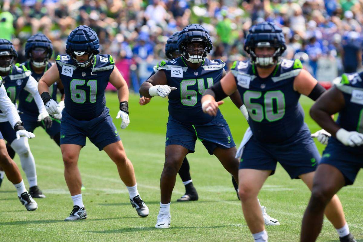 Jul 27, 2024; Renton, WA, USA; Seattle Seahawks guard Christian Haynes (64) during training camp at Virginia Mason Athletic Center. Mandatory Credit: Steven Bisig-USA TODAY Sports