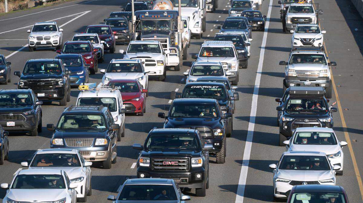 FILE: Afternoon traffic slogs south on Interstate 5 through Fife, Washington, on Tuesday, March 5, 2024.