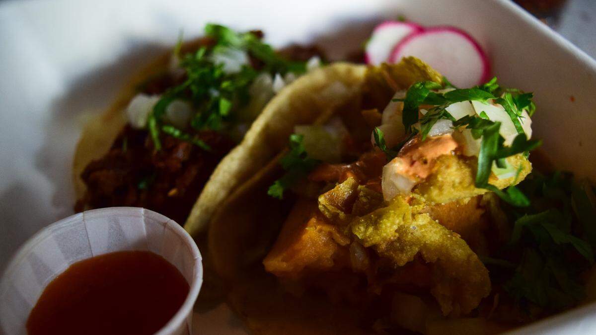 El Borracho reopened its Tacoma restaurant in January 2022 as a fully plant-based concept, following its two Seattle locations. In the foreground here is the chipotle potato taco with fried jalapenos, paired with a seitan barbacoa in back.