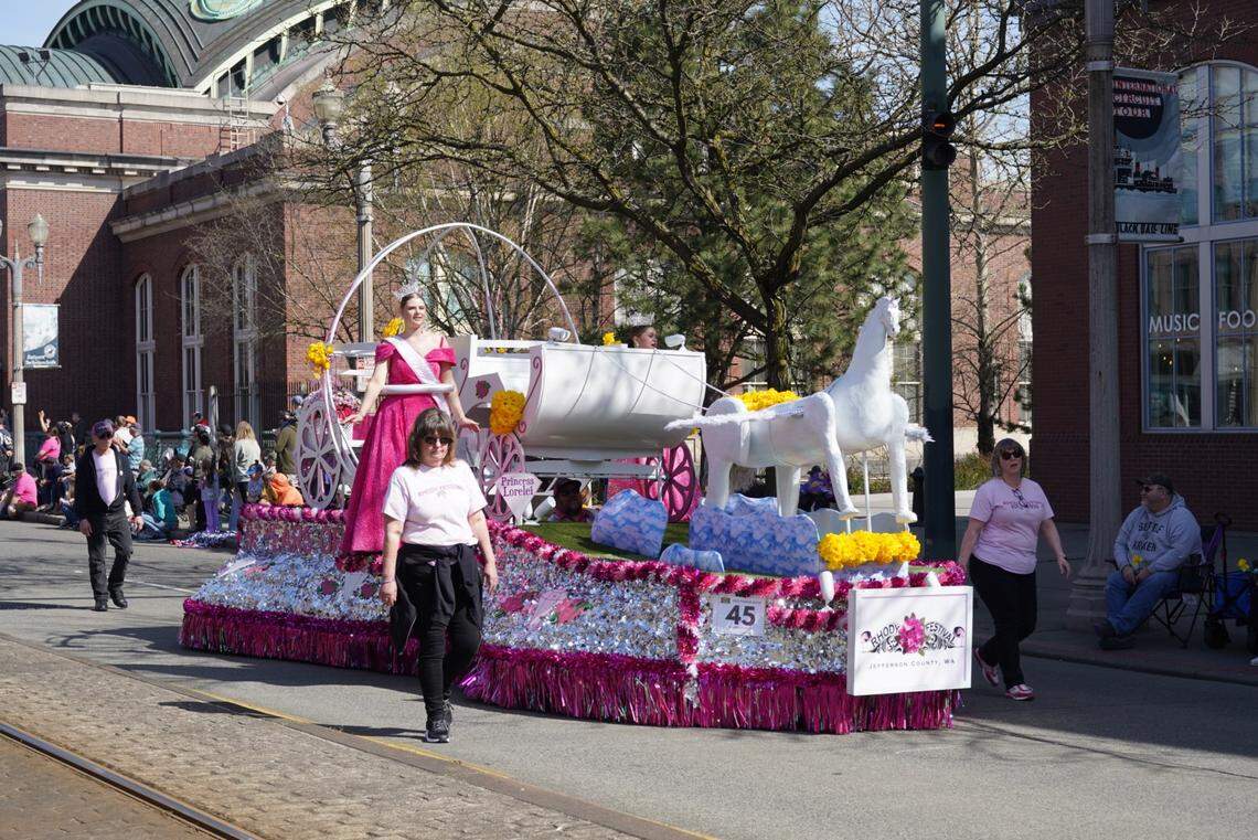 A unicorn helmed the Jefferson County Rhododendron Festival float at the 92nd Daffodil Festival in Tacoma, on Saturday, April 5, 2025.