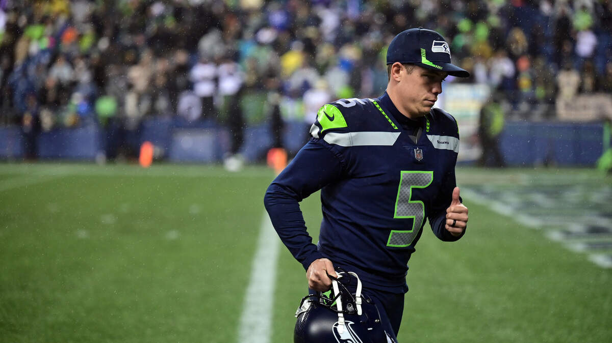 Seattle kicker Jason Myers (5) jogs off the field after the Seahawks lost to the New Orleans Saints, 13-10, on Monday night at Lumen Field in Seattle. Myers missed two field goals on the night.